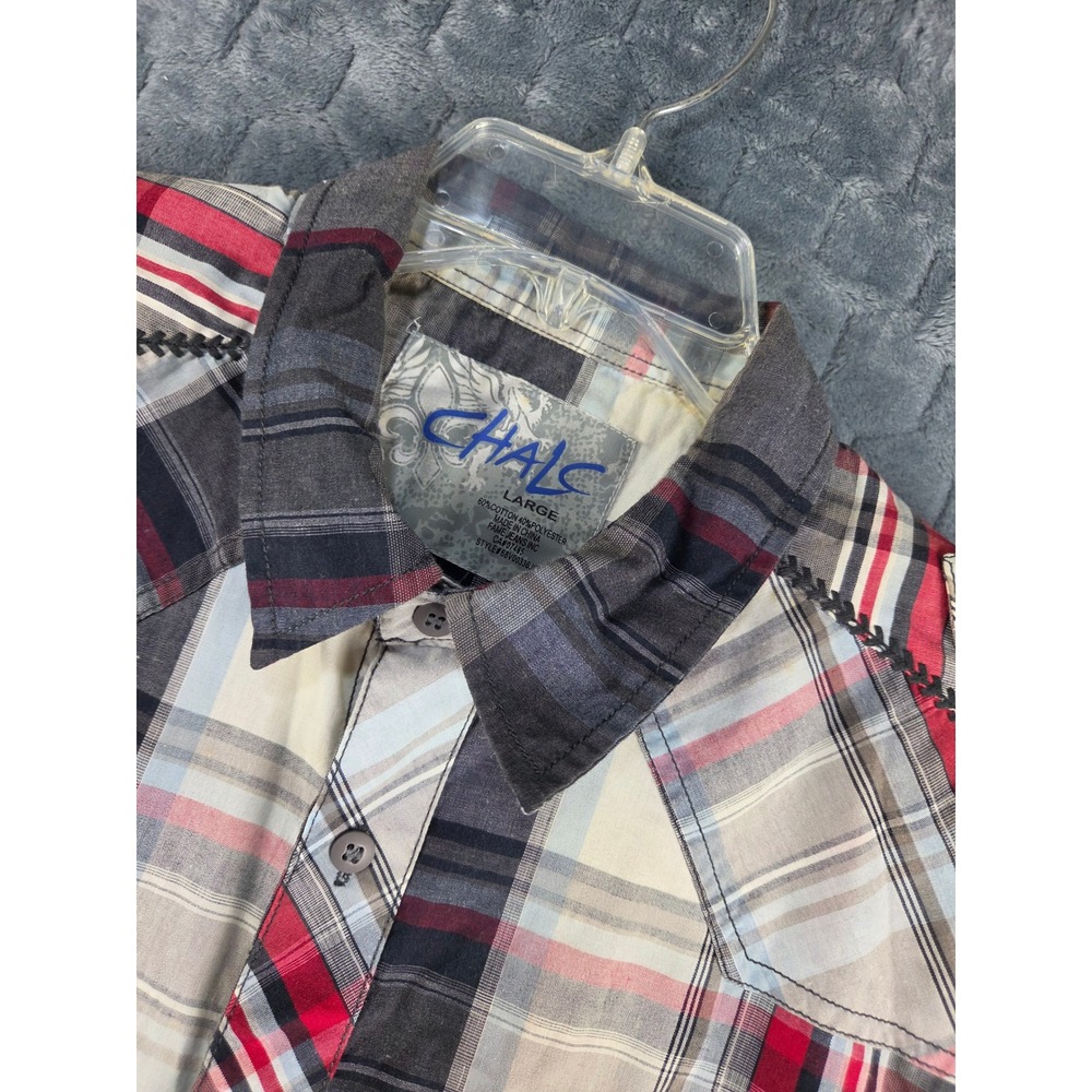 Chalc Mens Plaid Western Shirt Short Sleeve Red Grey Embroidered 68V00336JC L